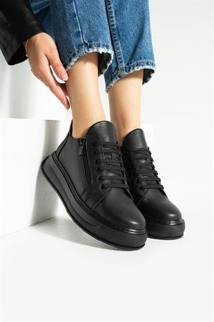 Hakiki Deri Ara Boy Çift Fermuarlı 4 Cm Rahat Tabanlı Bot