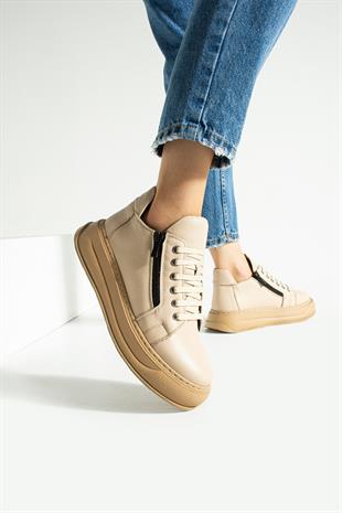 Hakiki Deri Ara Boy Çift Fermuarlı 4 Cm Rahat Tabanlı Bot