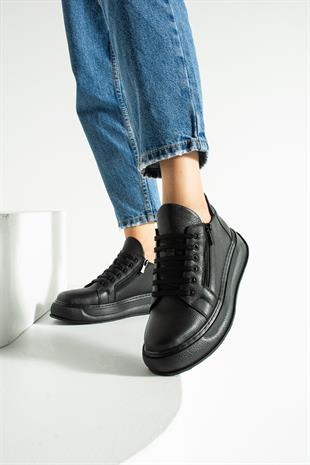 Hakiki Deri Ara Boy Çift Fermuarlı 4 Cm Rahat Tabanlı Bot