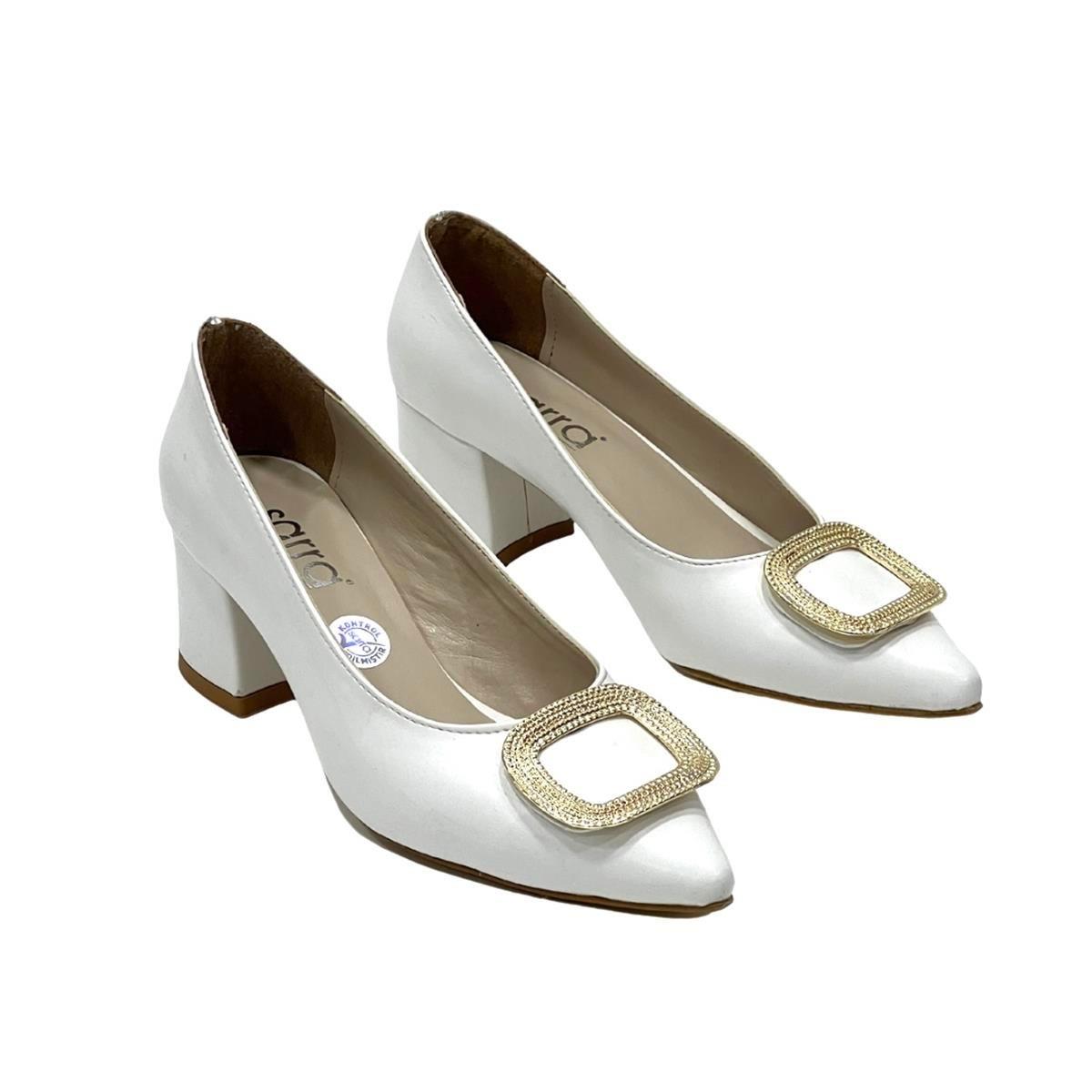 Beyaz 6 Cm Gold Tokalı Rahat Stiletto