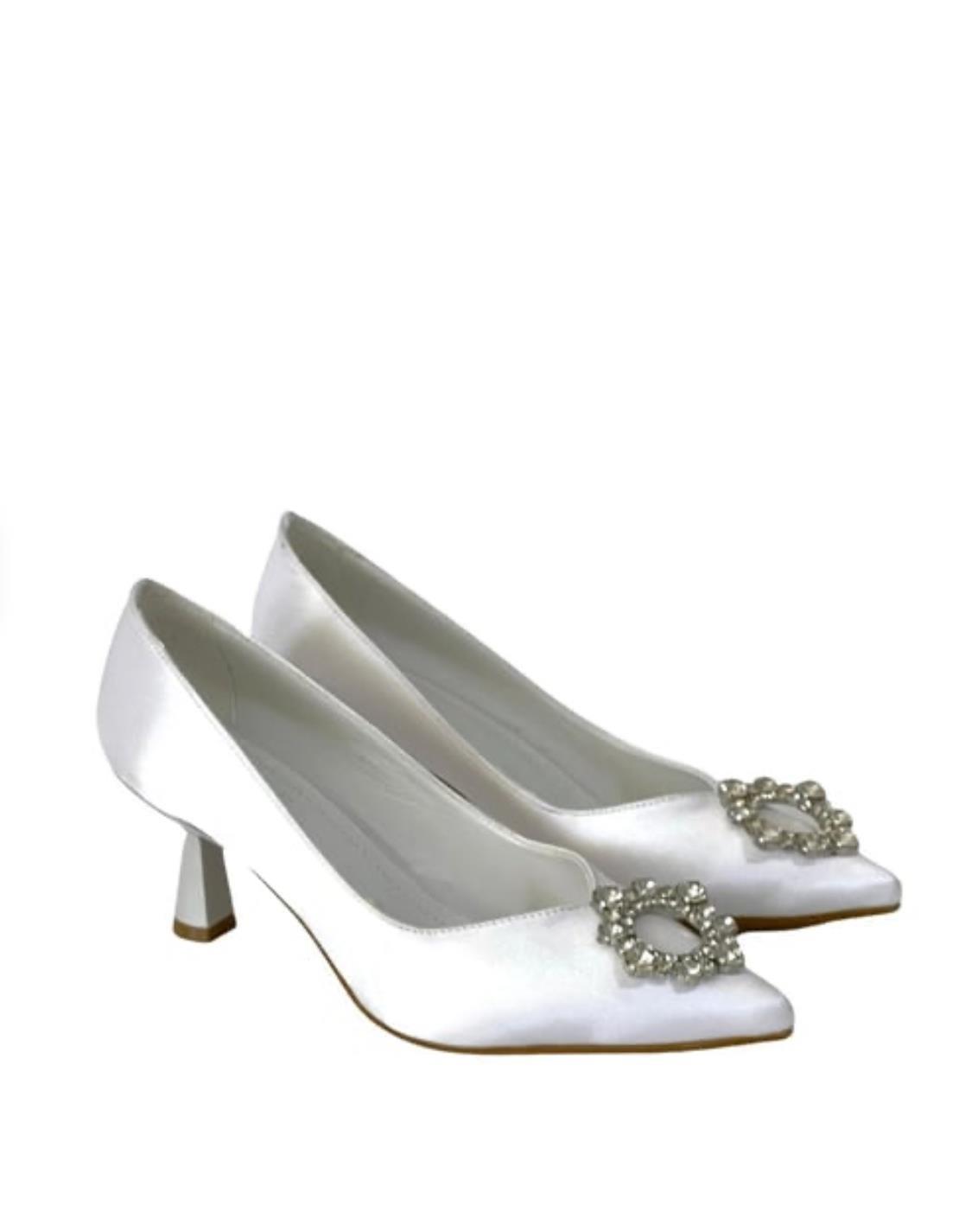Beyaz Saten Geçek Taşlı 7 Cm Rahat Topuk Stiletto
