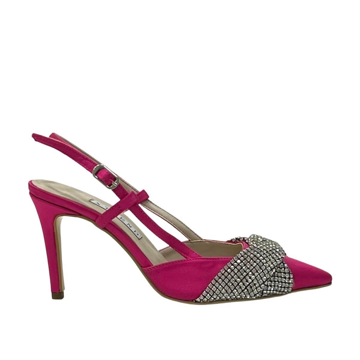 Fuşya Büzgülü Gerçek Taş İşlemeli 10 Cm Rahat Topuklu Arkası Açık Stiletto