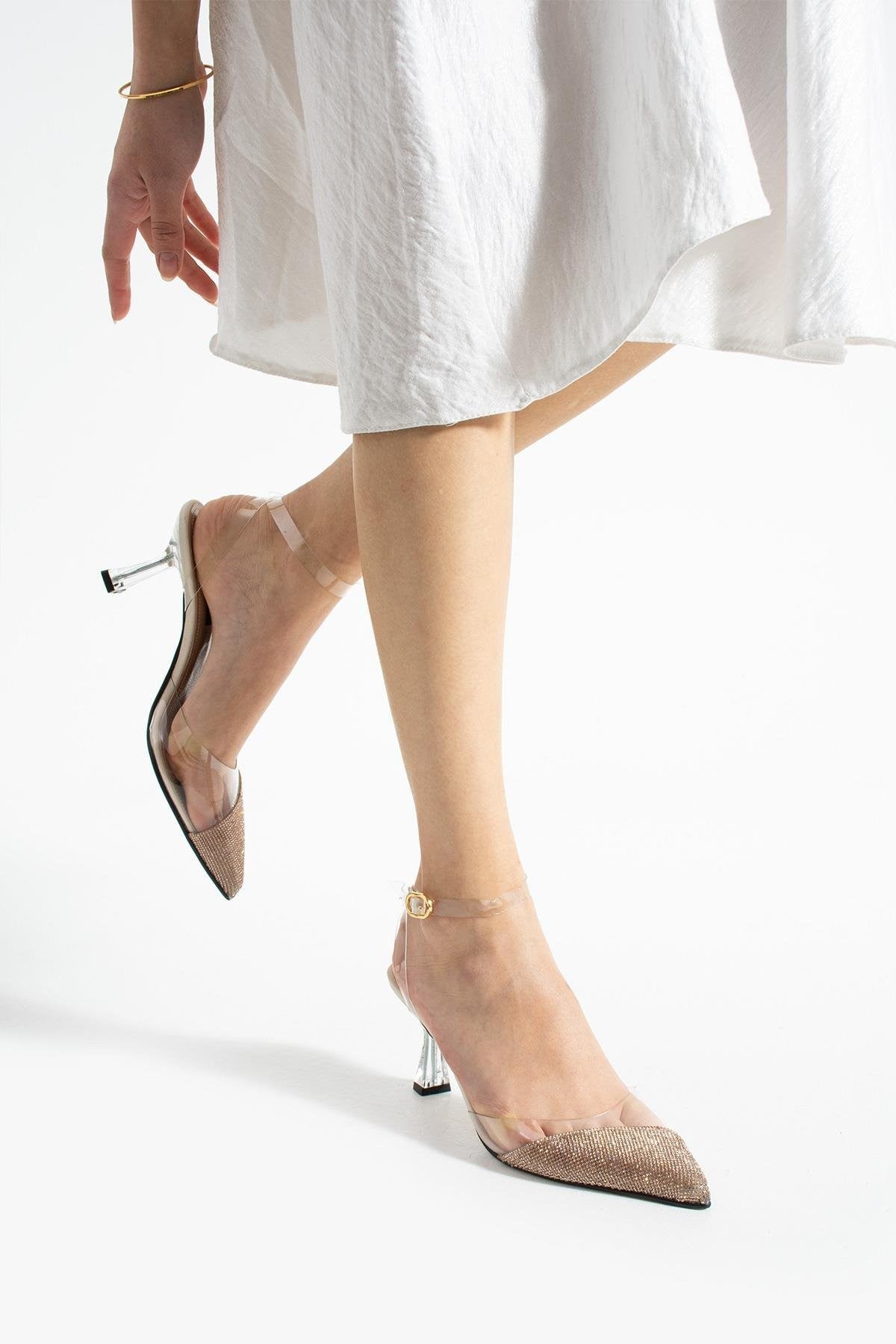 Gerçek Taş Detaylı 8 Cm Şeffaf Topuklu Stiletto