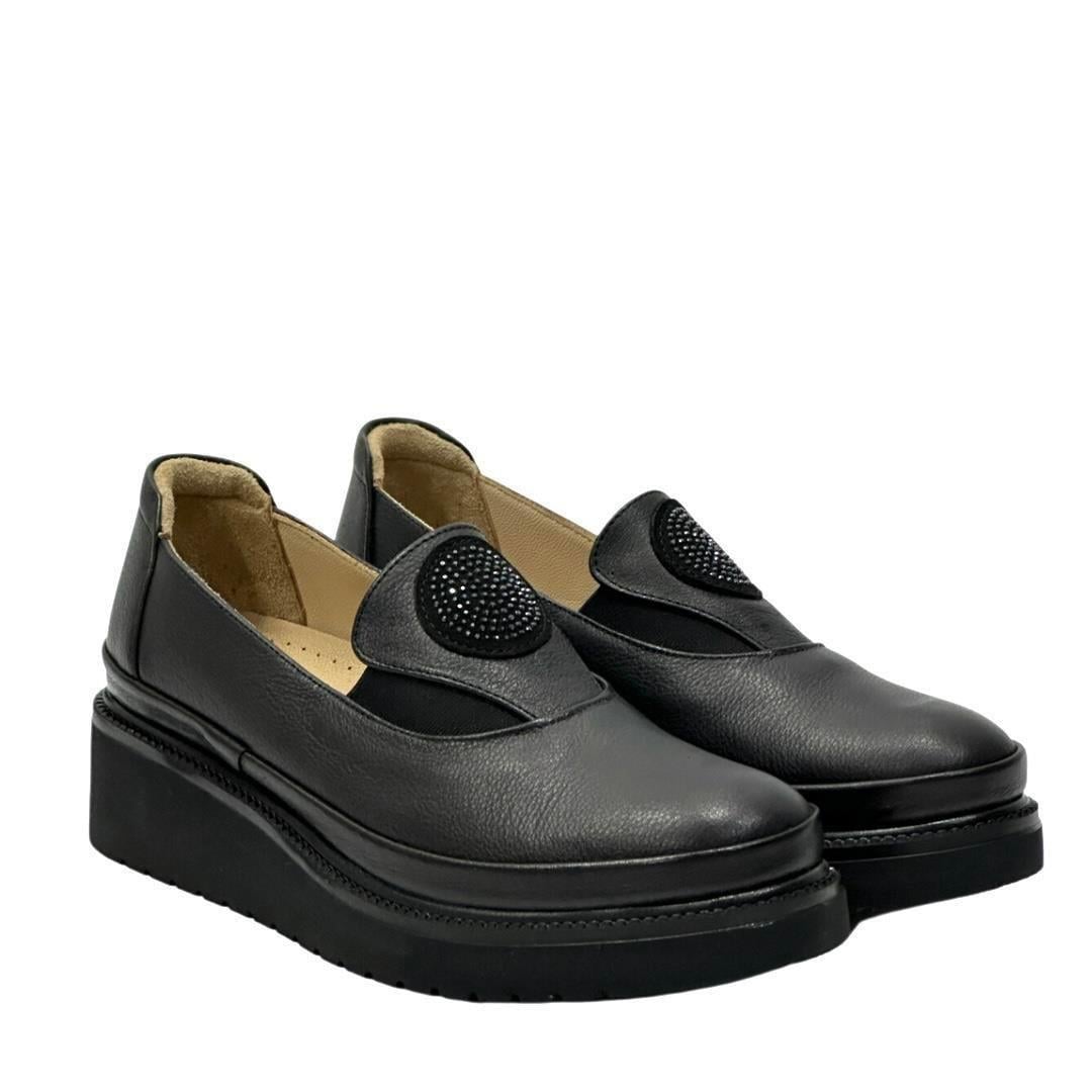 Hakiki Deri 4 Cm Dolgu Topuklu Taş Detaylı Rahat Ayakkabı