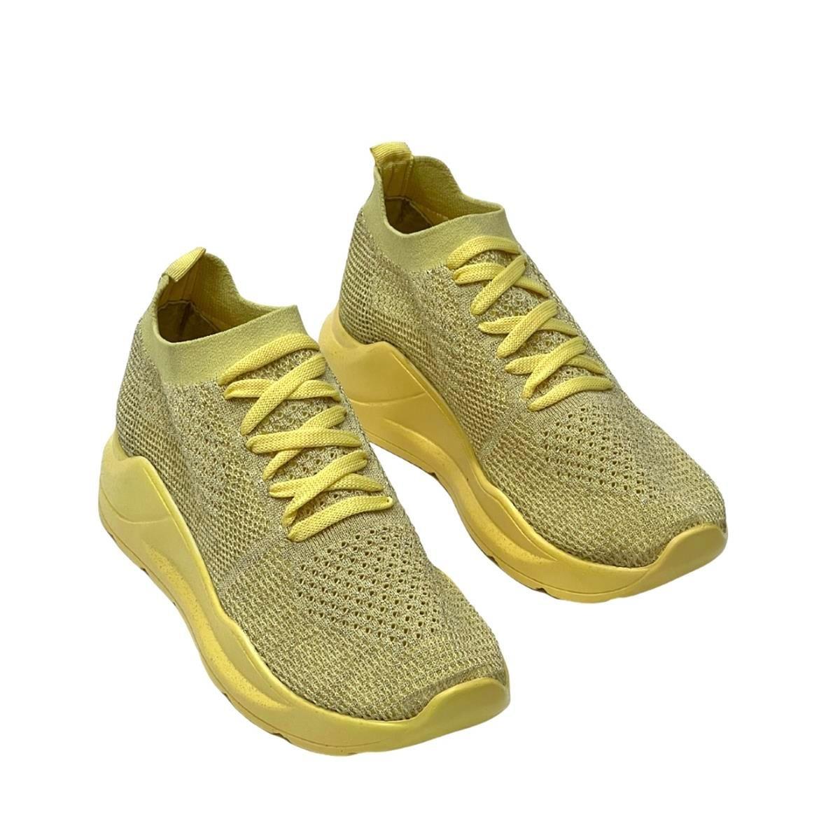 Sarı Simli 4 Cm Tabanlı Triko Rahat Spor Ayakkabısı