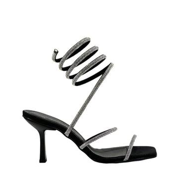 Siyah Bilekten Dolamalı Gerçek Taşlı 9 Cm Topuklu Sandalet