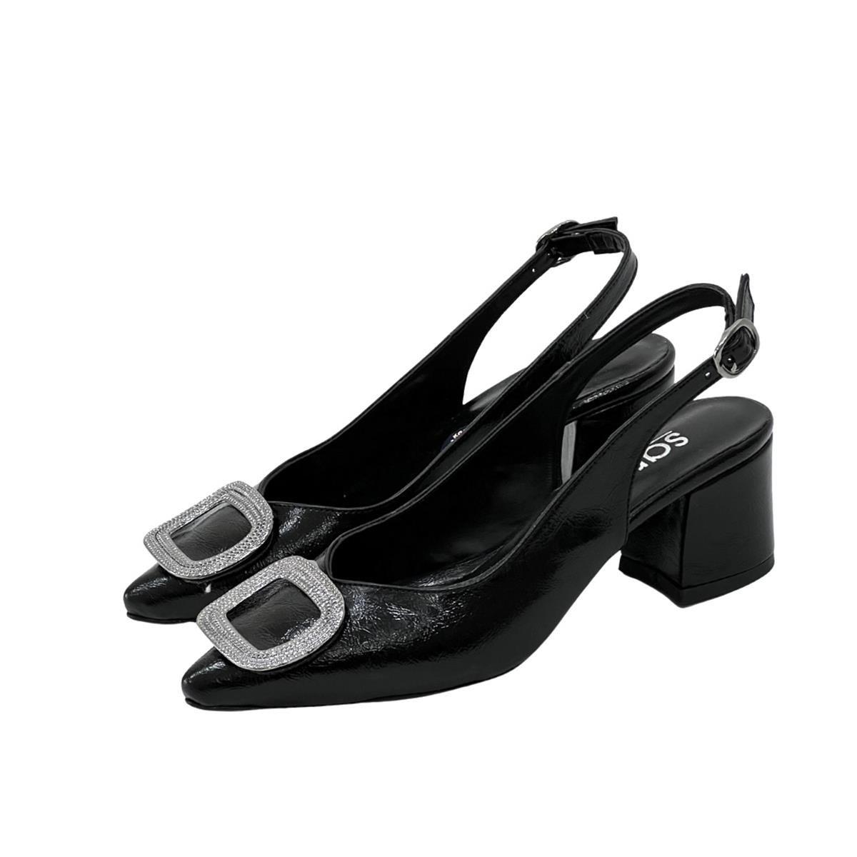 Siyah Gümüş Tokalı 6 Cm Rahat Topuklu Stiletto