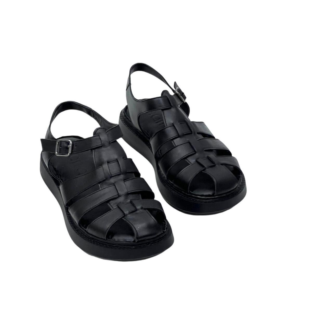 Siyah Hakiki Deri Kafes Bantlı Ortopedik Sandalet