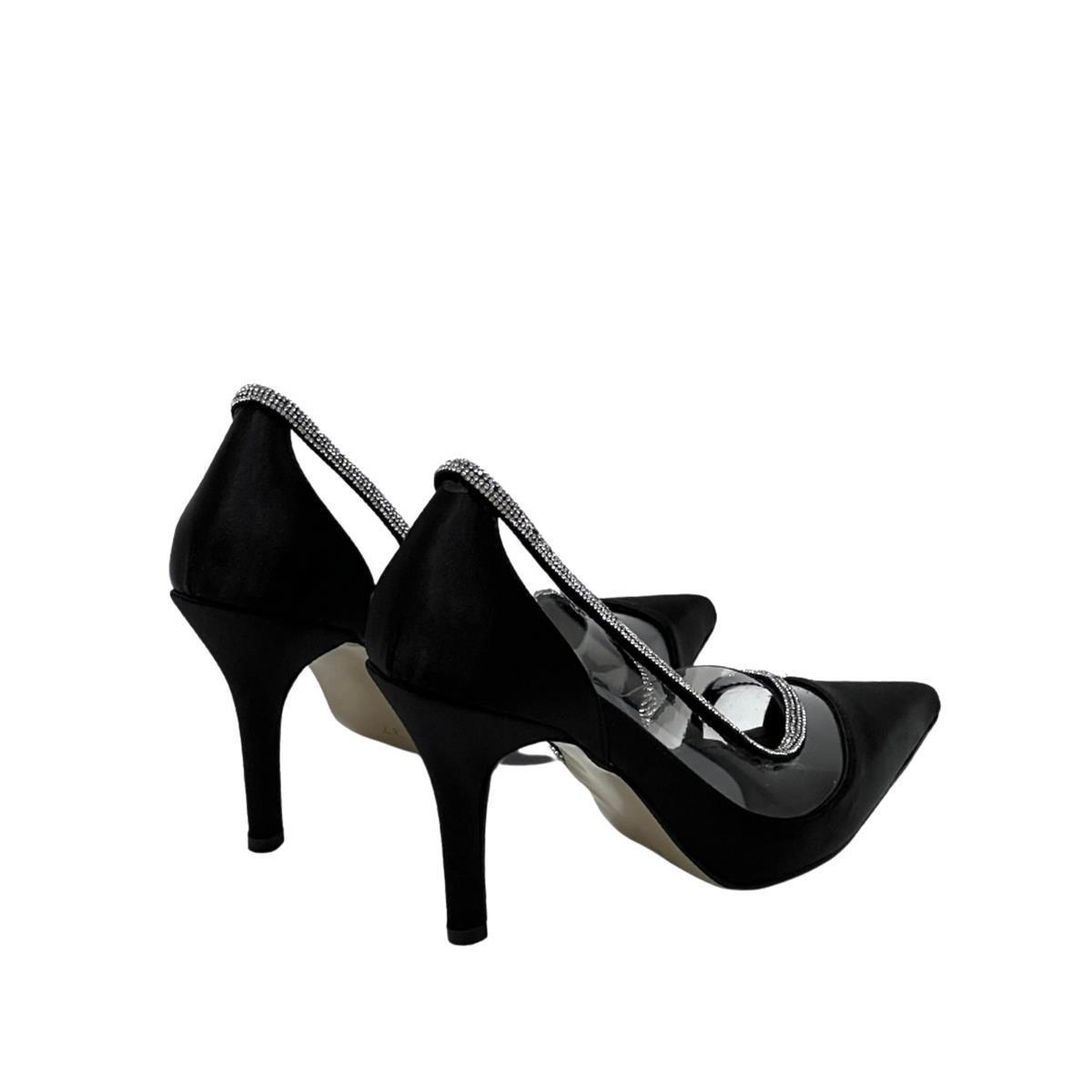 Siyah Saten Şeffaf Taş İşlemeli 9 Cm Topuklu Rahat Stiletto