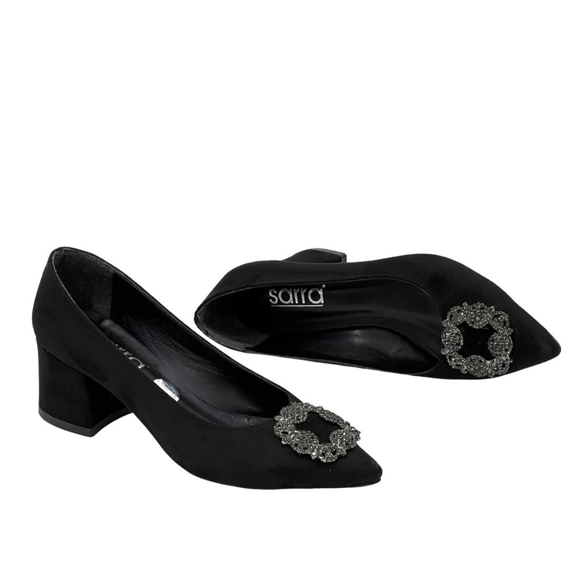 Siyah SüetT Gerçek Taşlı 6 Cm Rahat Topuklu Stiletto