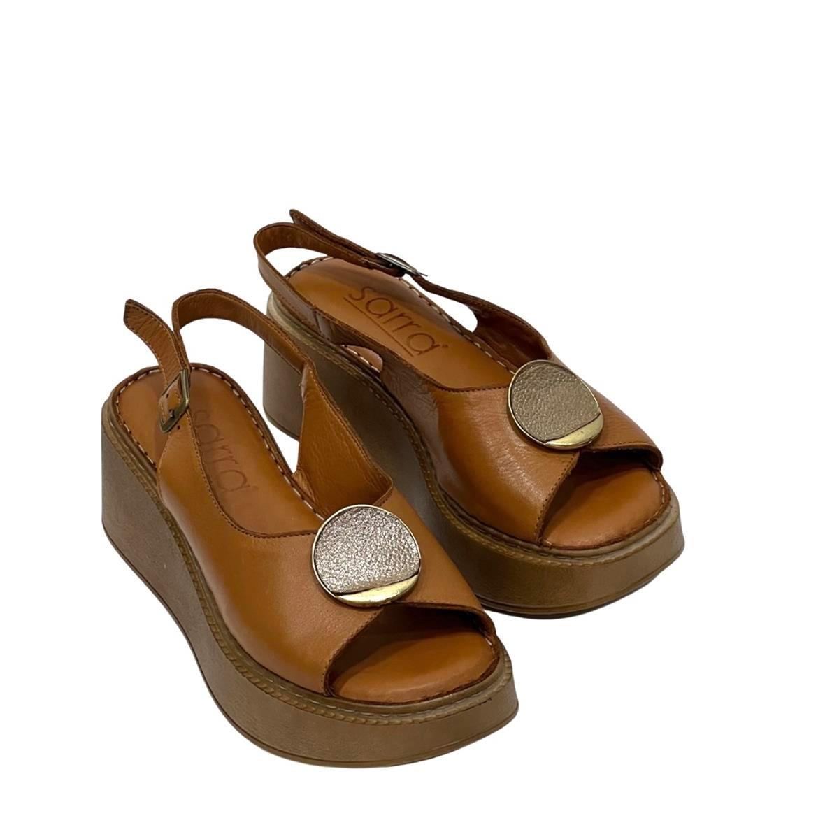 Taba Hakiki Deri Tokalı Dolgu Topuk Ortopedik Sandalet