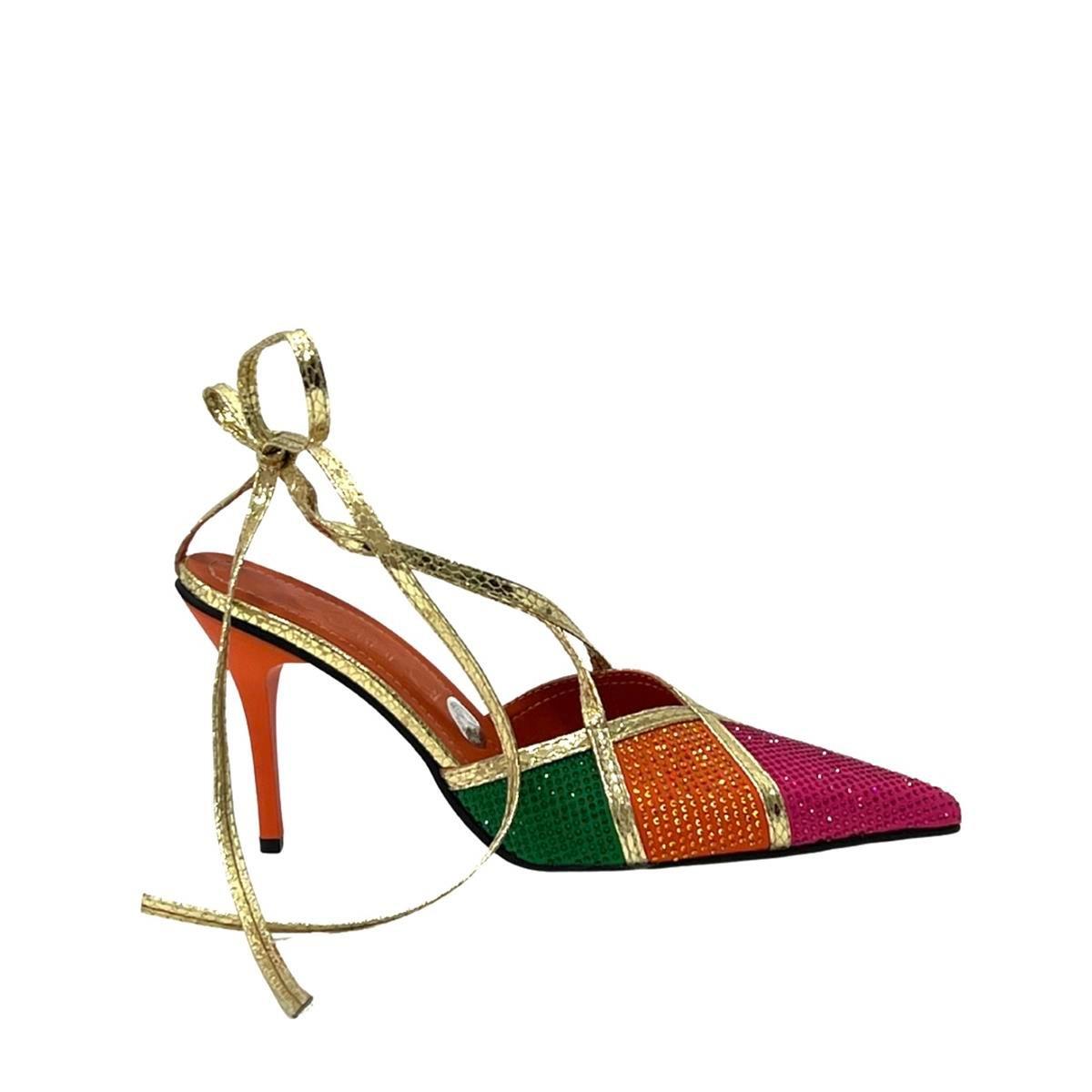 Turuncu Multi Taş İşlemeli  9 Cm Rahat Topuklu Stiletto