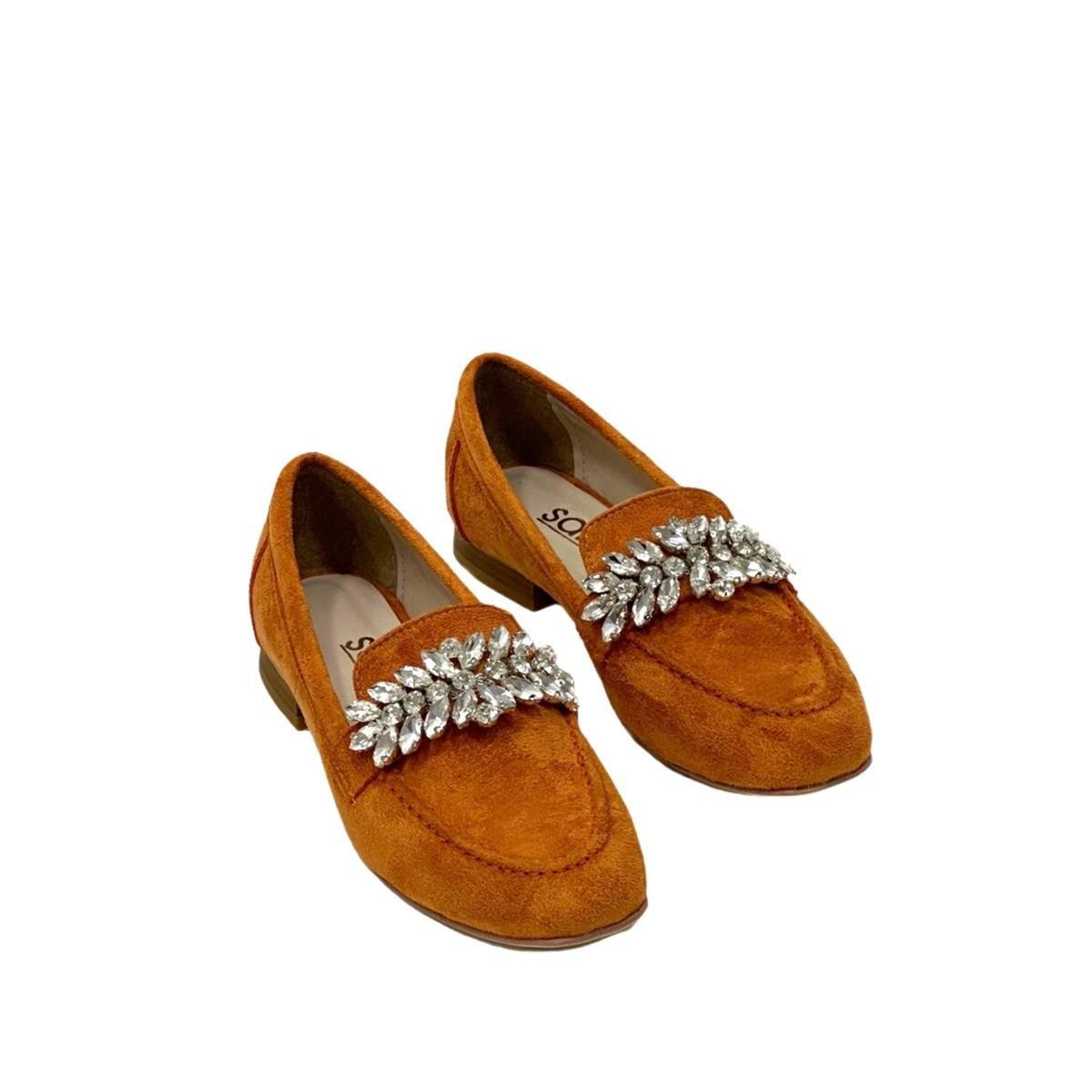 Turuncu Süet Tasarım Gerçek Taş Tokalı Babet