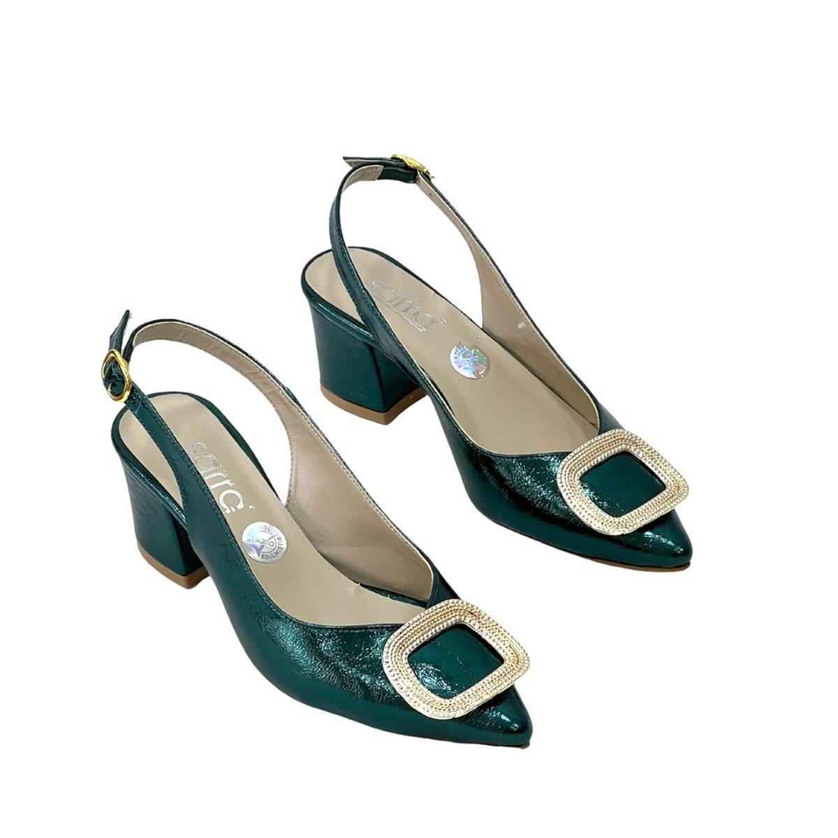 Yeşil Altın Tokalı 6 Cm Rahat Topuklu Stiletto