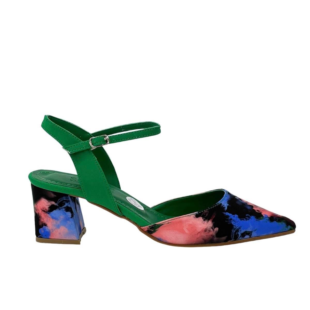 Yeşil Batik Baskılı Bilekten Bağlamalı 6 Cm Rahat Topuklu Stiletto
