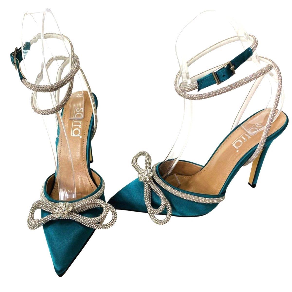 Yeşil Saten 11 Cm Bilekten Bağlamalı Tasarım Stiletto