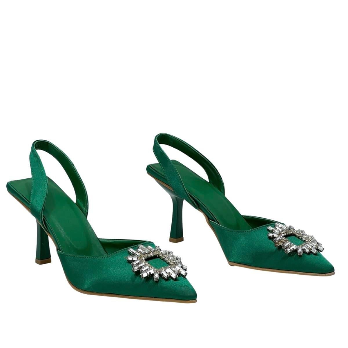 Yeşil Saten 9 Cm Topuklu Bantlı Stiletto
