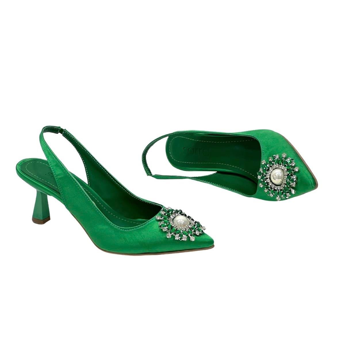 Yeşil Saten Tasarım Tokalı 7 Cm Rahat Stiletto