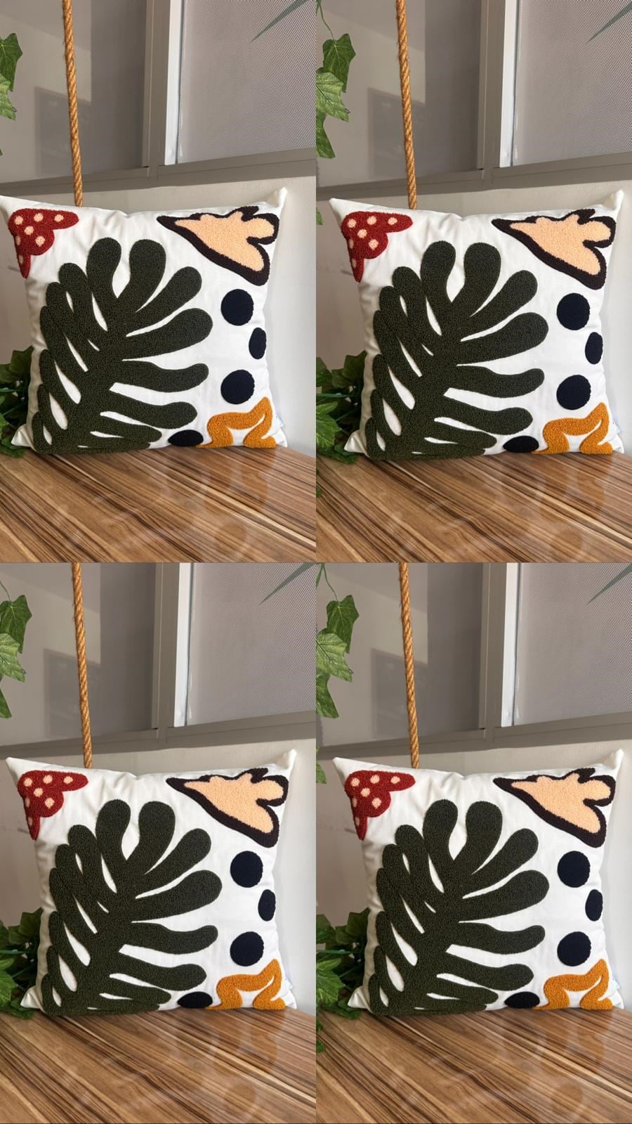 4'LÜ BEYAZ ZEMİN PUNCH İŞLEME YEŞİL YAPRAK