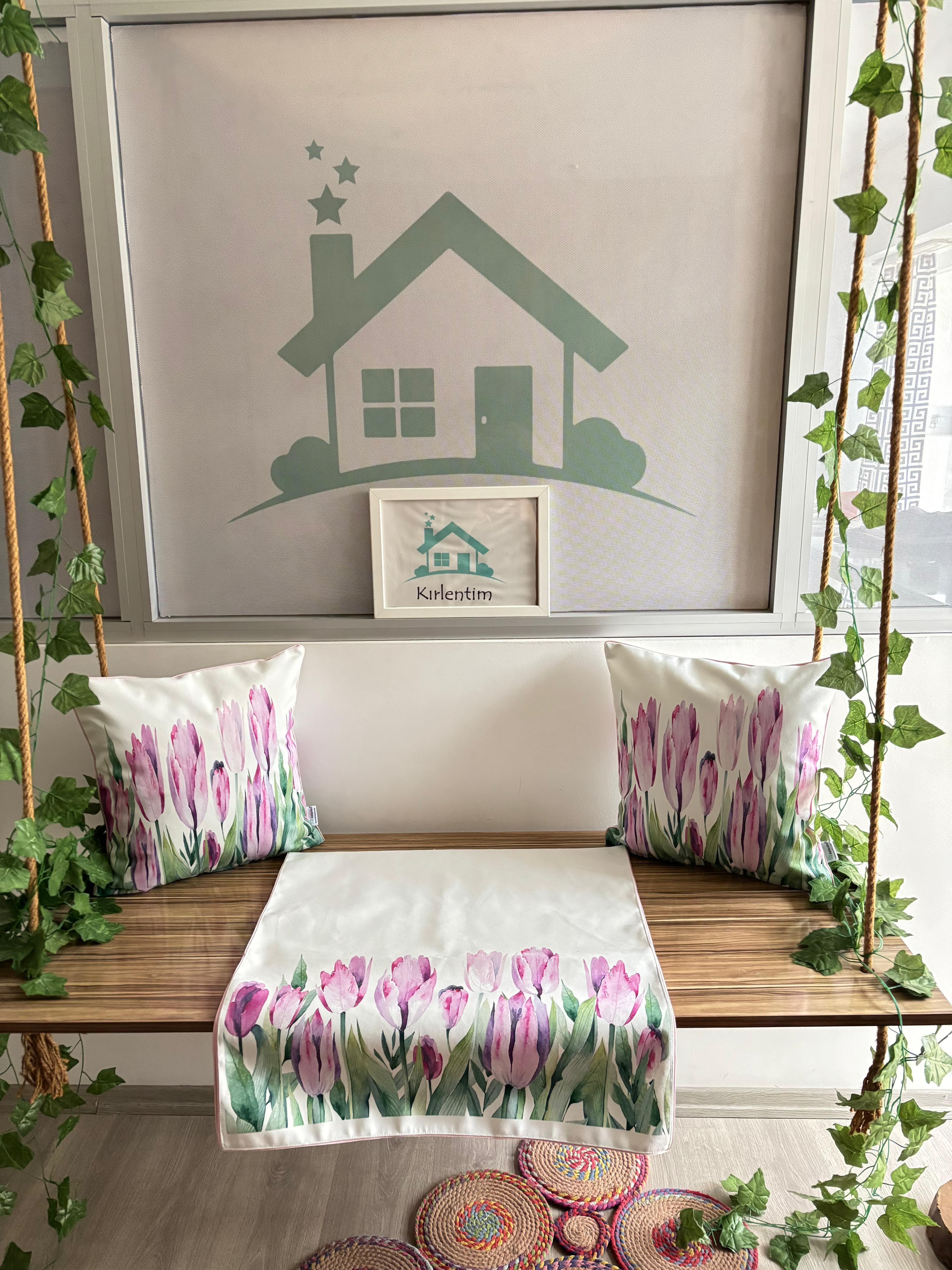 H1203 PEMBE MOR LALELER KIRLENT RUNNER 3LÜ KOMBİN