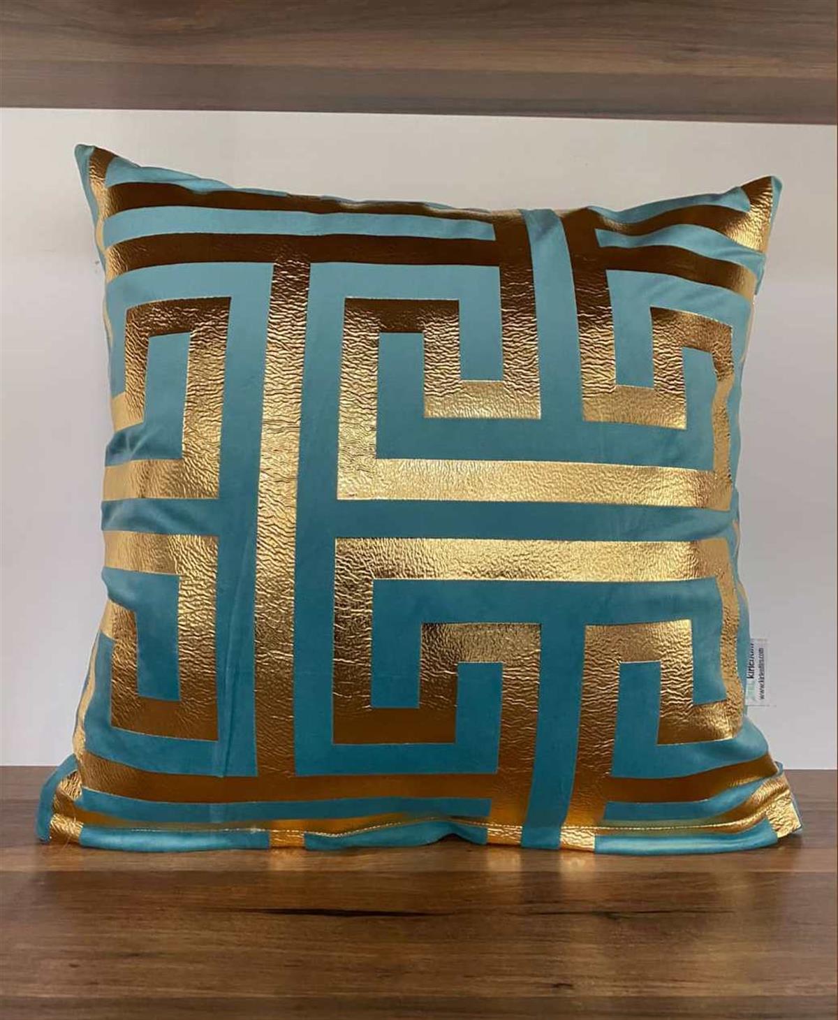 TURKUAZ KADİFE LABİRENT DESEN GOLD VARAK BASKILI