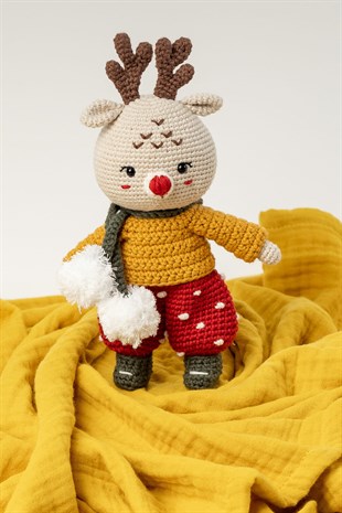 Yılbaşı Amigurumi Yenidoğan Hediye Seti - Yeni Yıl Ren Geyiği - Hardal