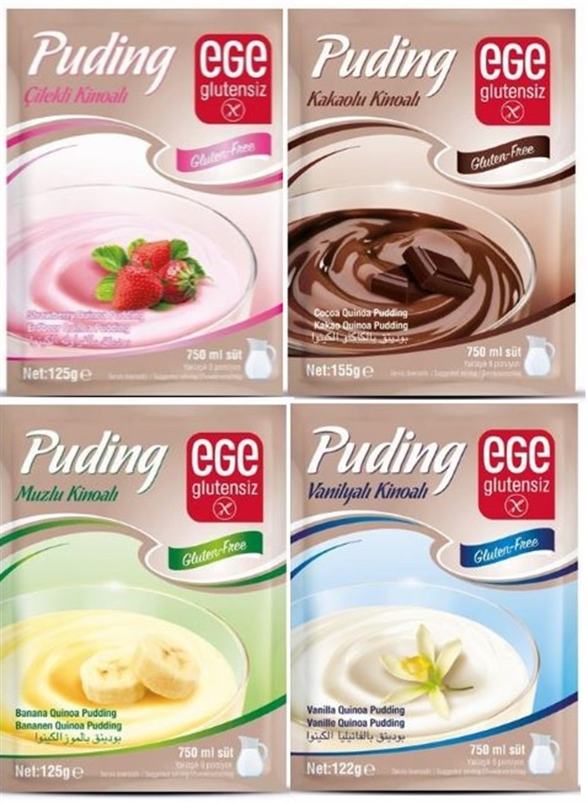 Ege Glutensiz Puding 4'lü Set (kakaolu, vanilyalı, muzlu, çilekli)