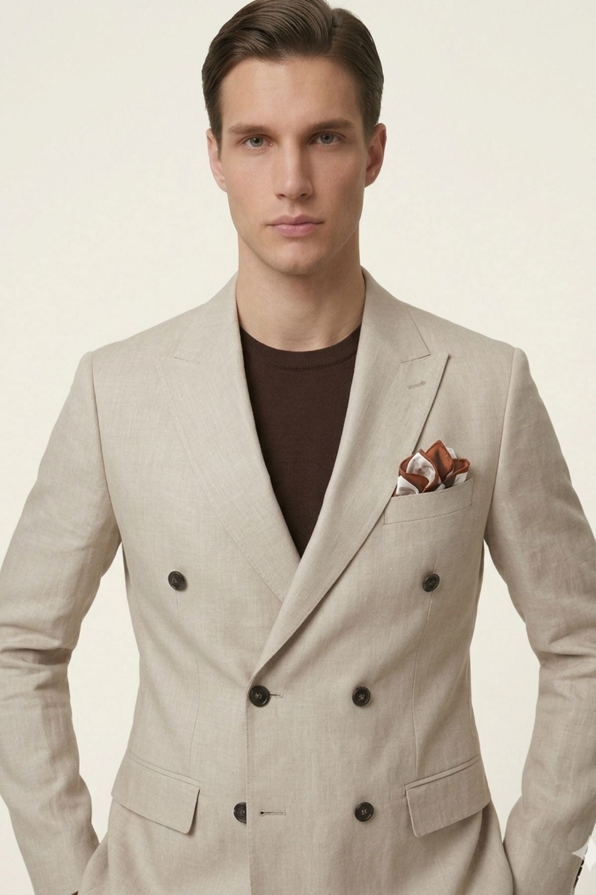Bej Slim Fit Geniş Yaka Kruvaze Keten Erkek Ceket