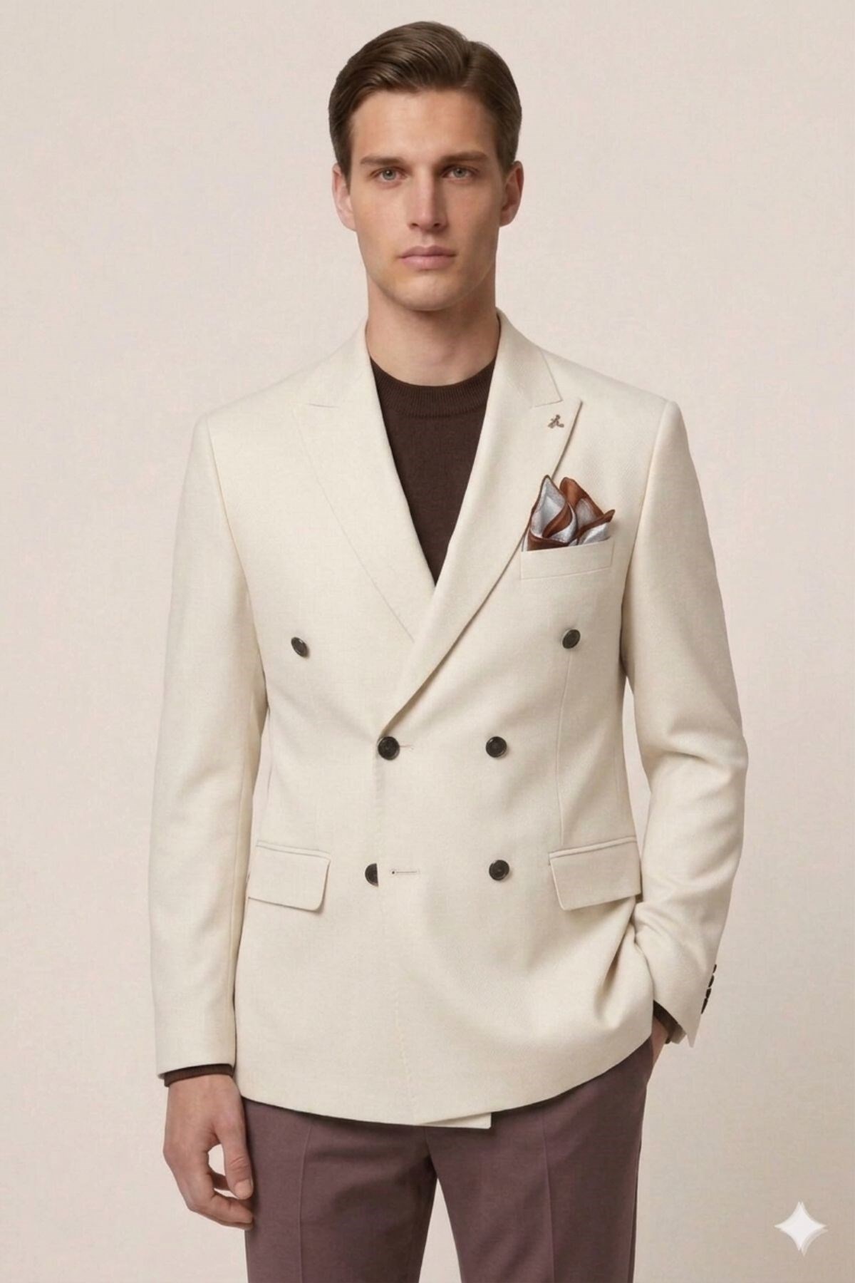 Bej Slim Fit Geniş Yaka Kruvaze Metal Düğmeli Erkek Ceket