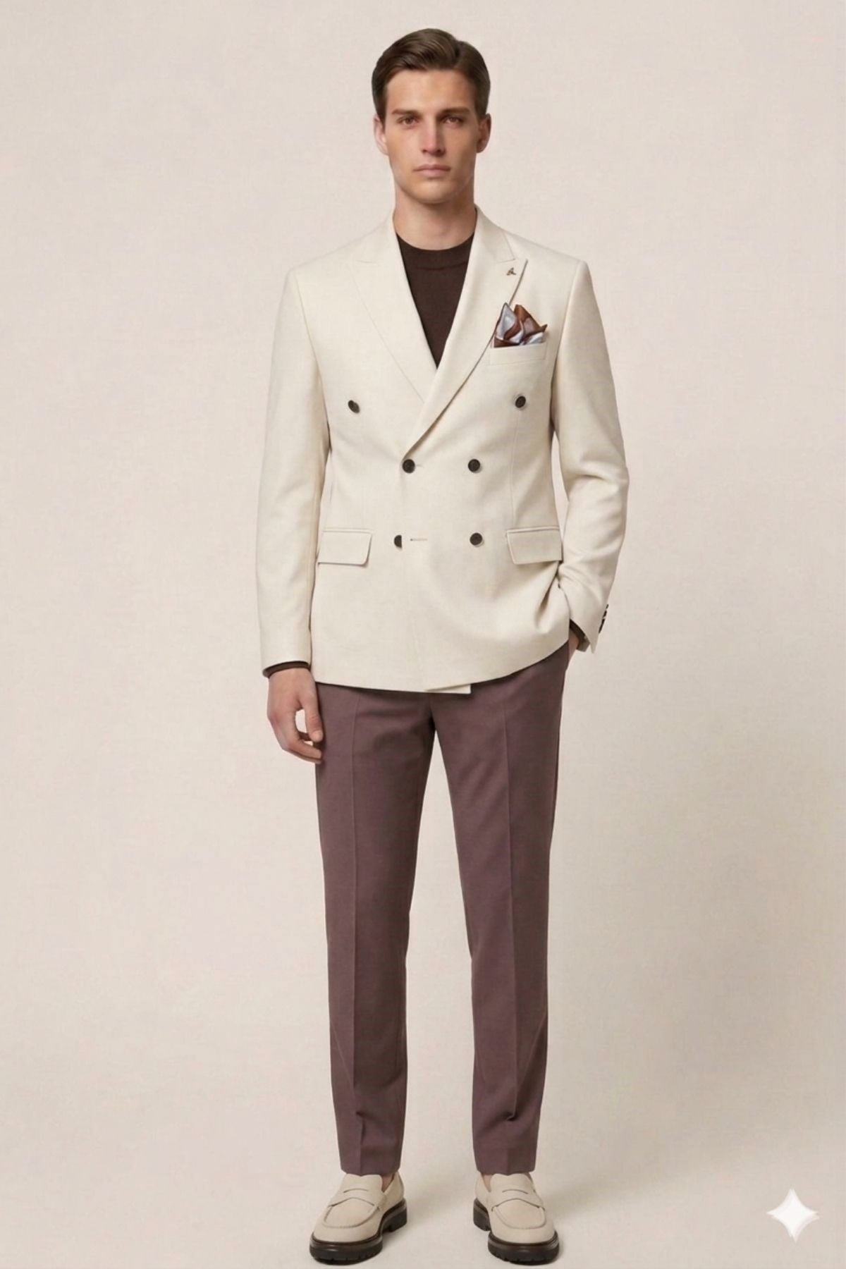 Bej Slim Fit Geniş Yaka Kruvaze Metal Düğmeli Erkek Ceket