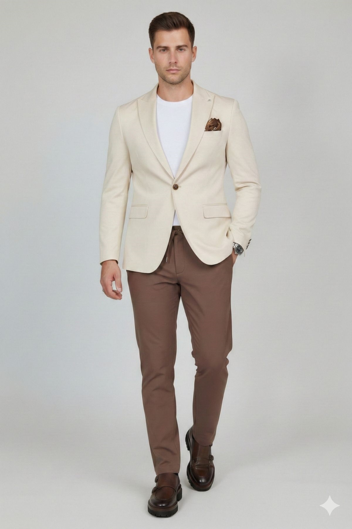 Bej Slim Fit Geniş Yaka Yün Karışımlı Erkek Ceket