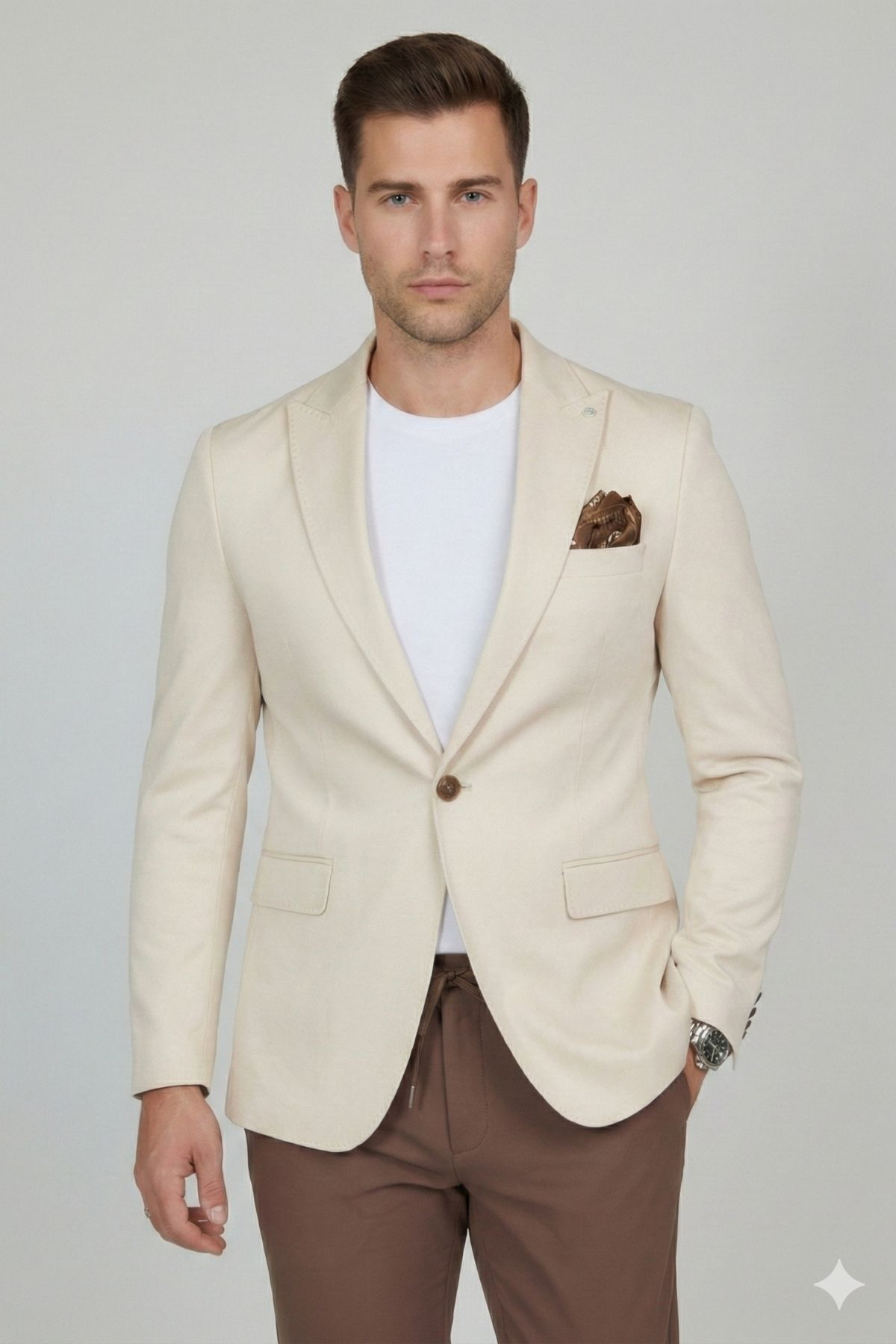 Bej Slim Fit Geniş Yaka Yün Karışımlı Erkek Ceket