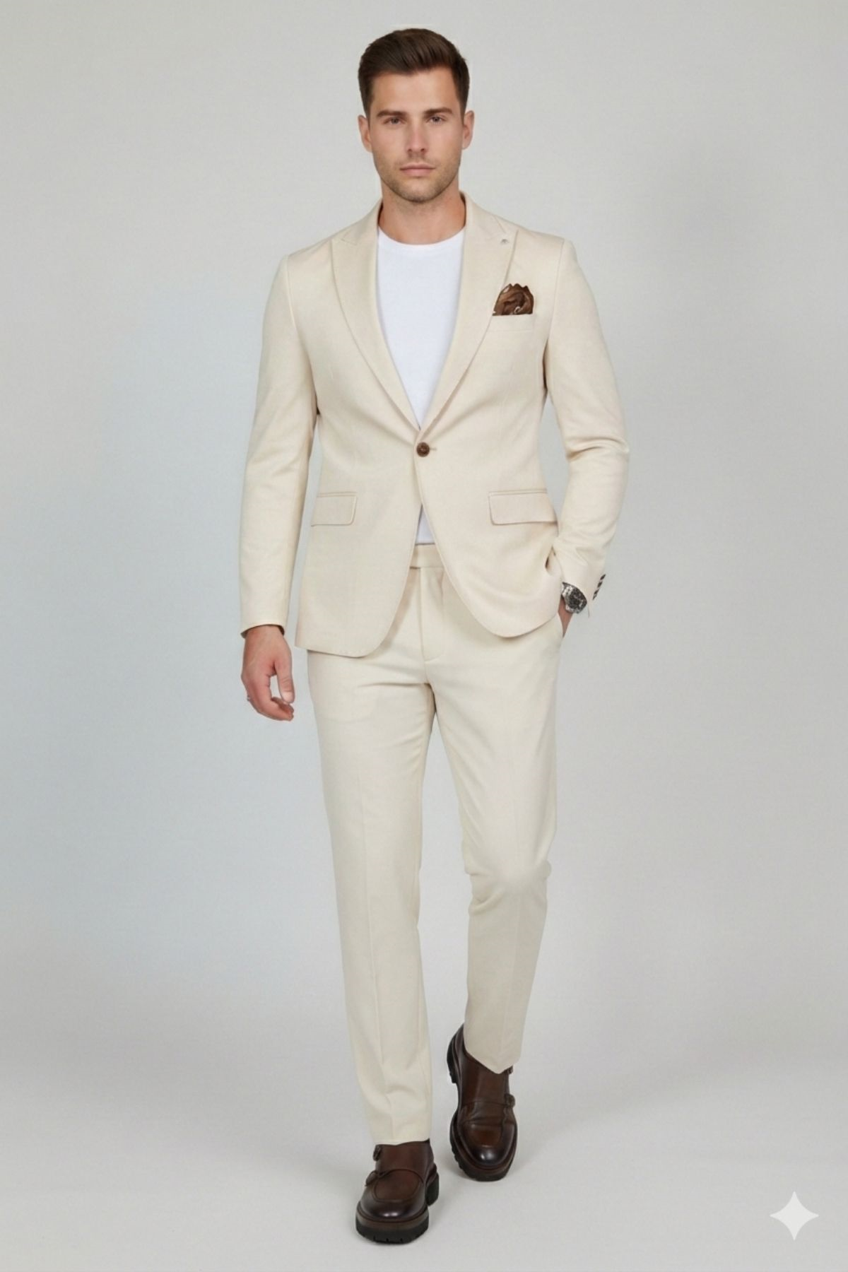 Bej Slim Fit Geniş Yaka Yün Karışımlı Pantolon Ceket Takım Elbise-HT41424-TKM-BEJ
