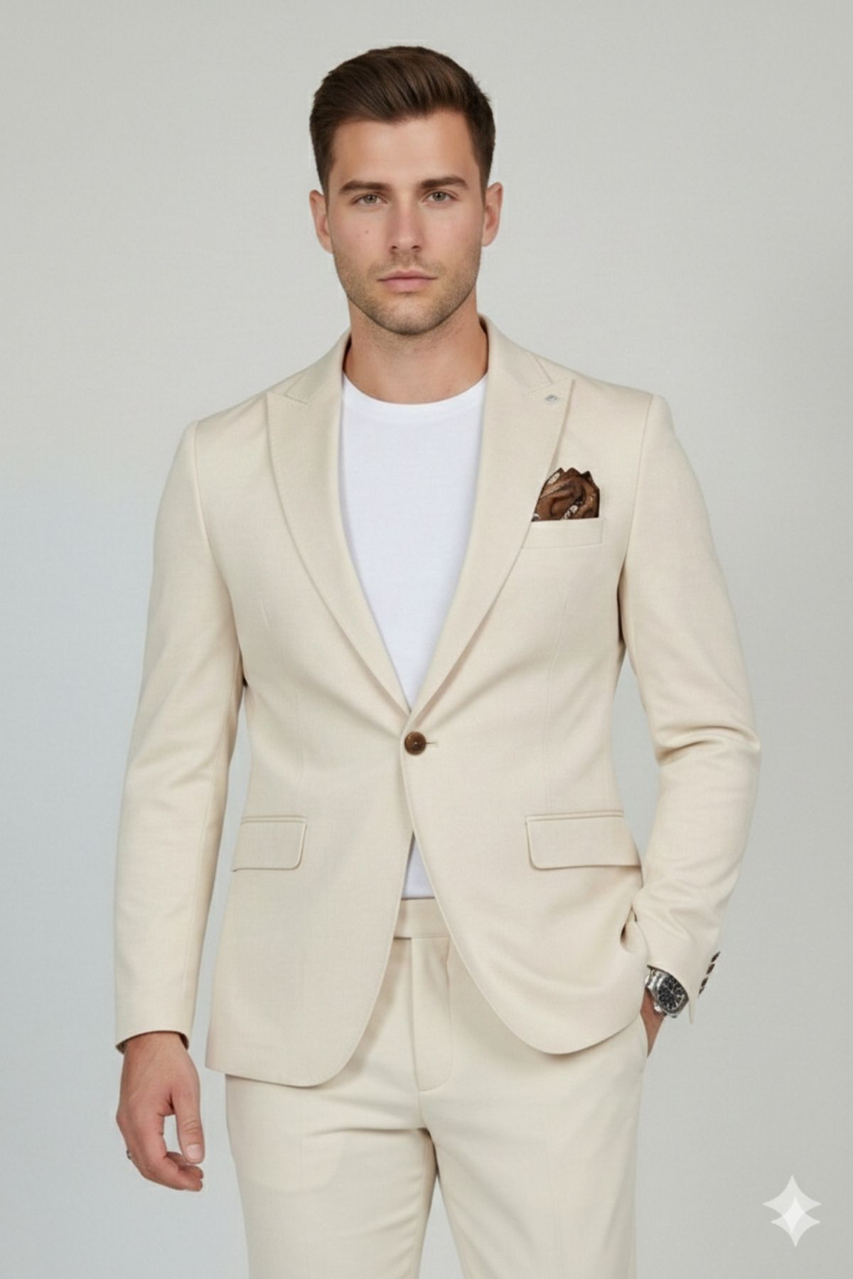 Bej Slim Fit Geniş Yaka Yün Karışımlı Pantolon Ceket Takım Elbise-HT41424-TKM-BEJ