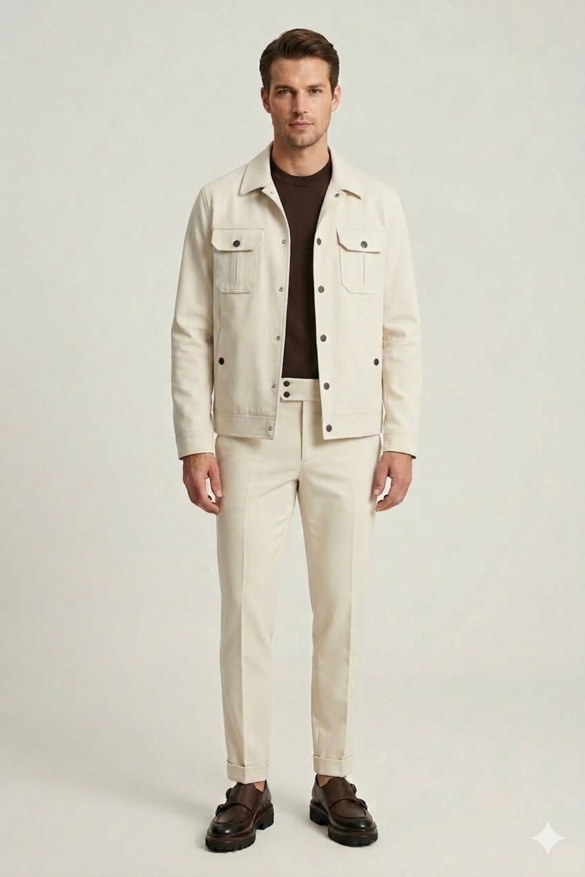 Bej Slim Fit Gömlek Yaka Pantolon Ceket Takım