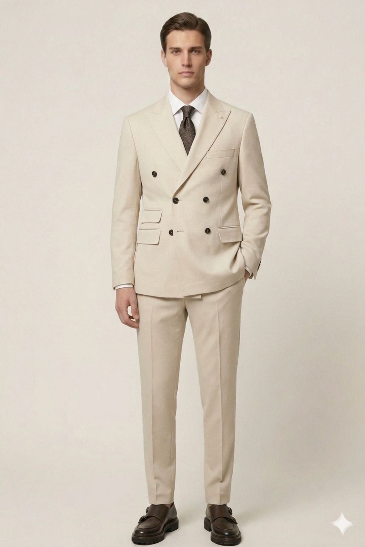 Beige Slim Fit Double-Breasted 2 Piece Suit HT1028
