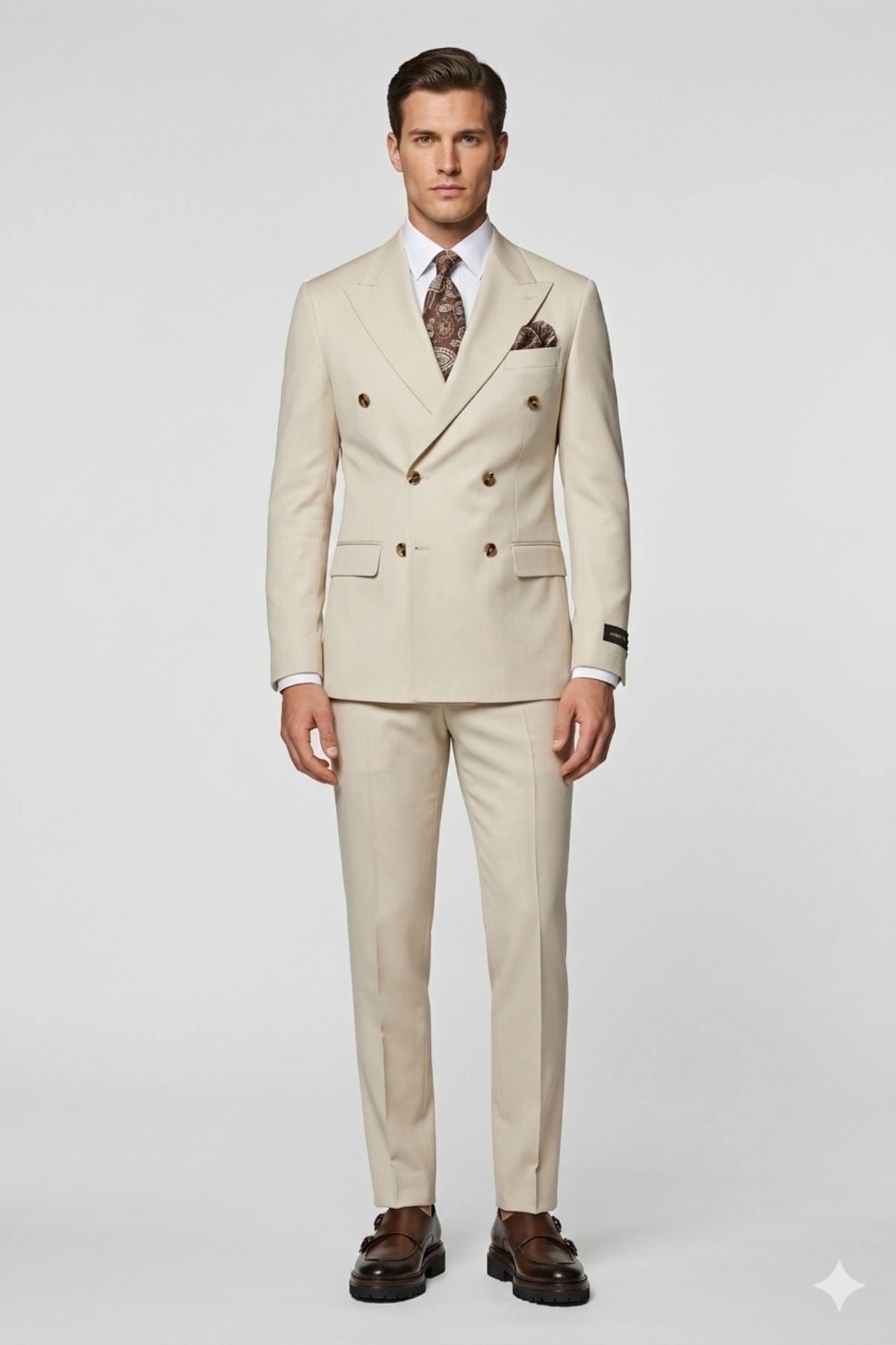 Bej Slim Fit Kruvaze Yaka Pantolon Ceket Takım Elbise HT1027