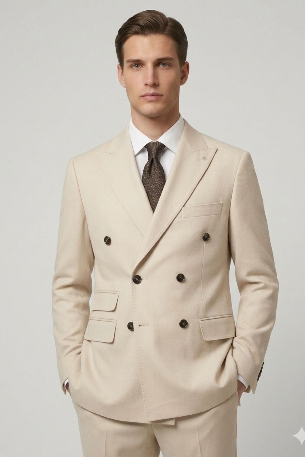 Beige Slim Fit Double-Breasted 2 Piece Suit HT1028