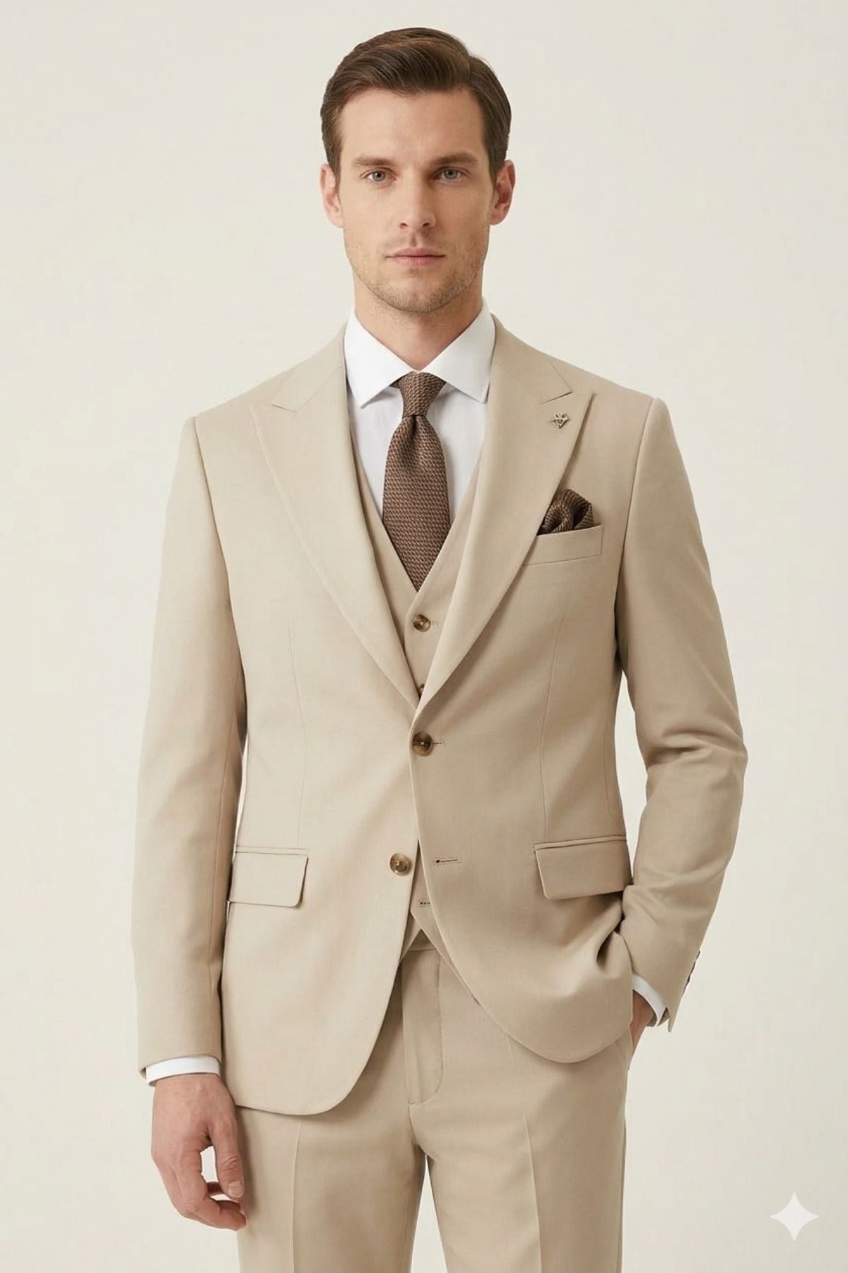 Bej Slim Fit Pantolon Yelek Ceket Takım Elbise HT7265
