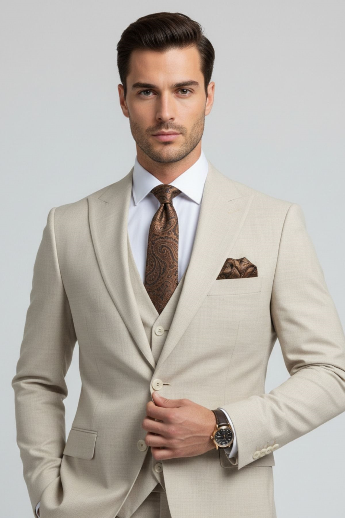 Bej Slim Fit Pantolon Yelek Ceket Takım Elbise HT1009