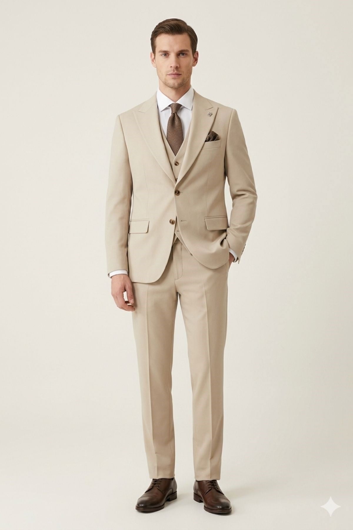 Bej Slim Fit Pantolon Yelek Ceket Takım Elbise HT7265