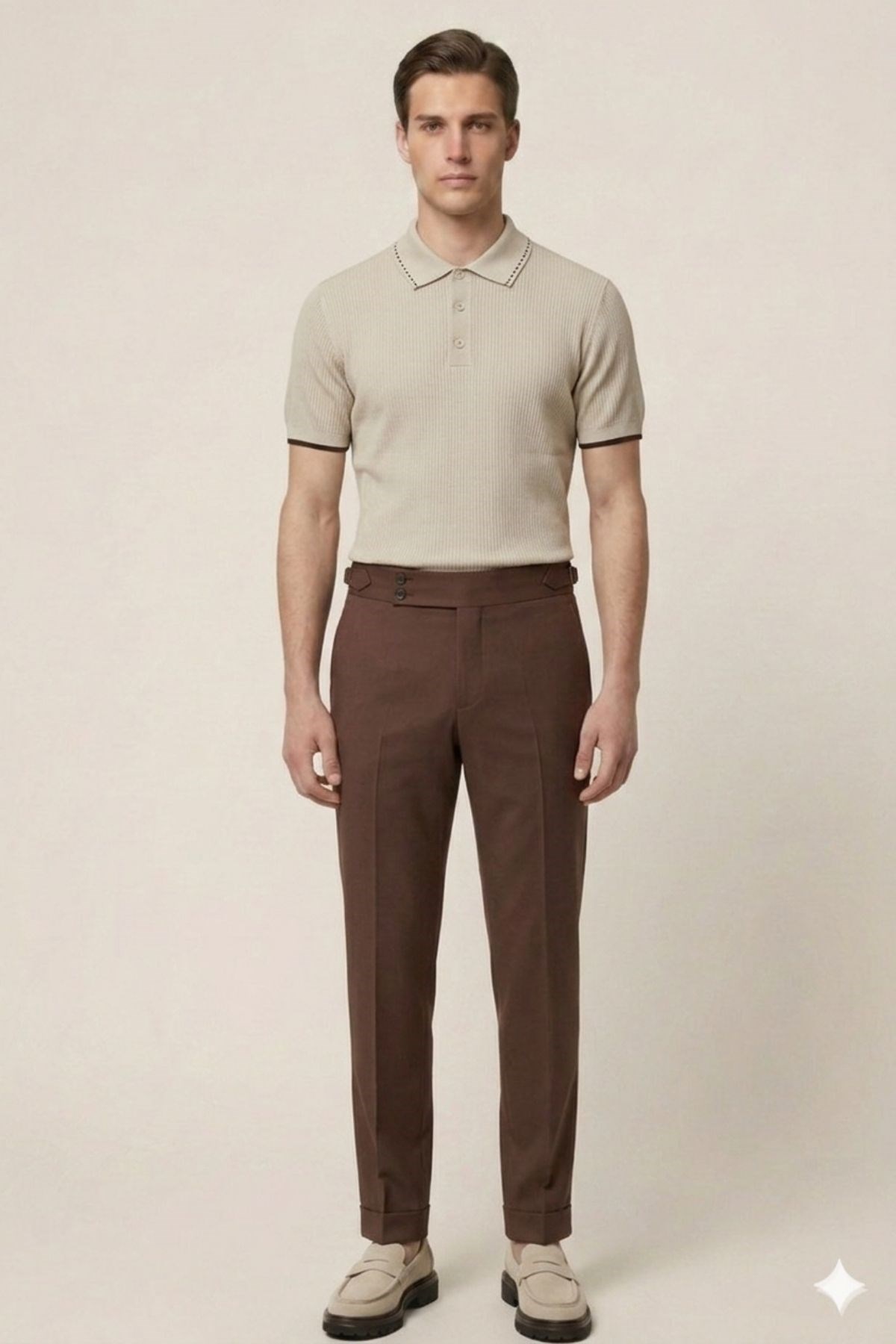 Bej Slim Fit Polo Yaka Kısa Kollu Erkek Triko T-Shirt