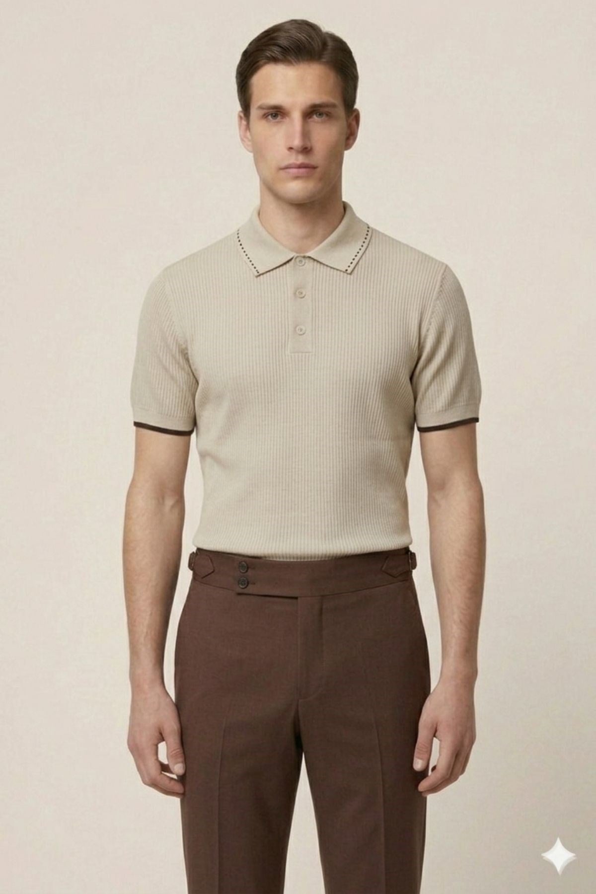 Bej Slim Fit Polo Yaka Kısa Kollu Erkek Triko T-Shirt