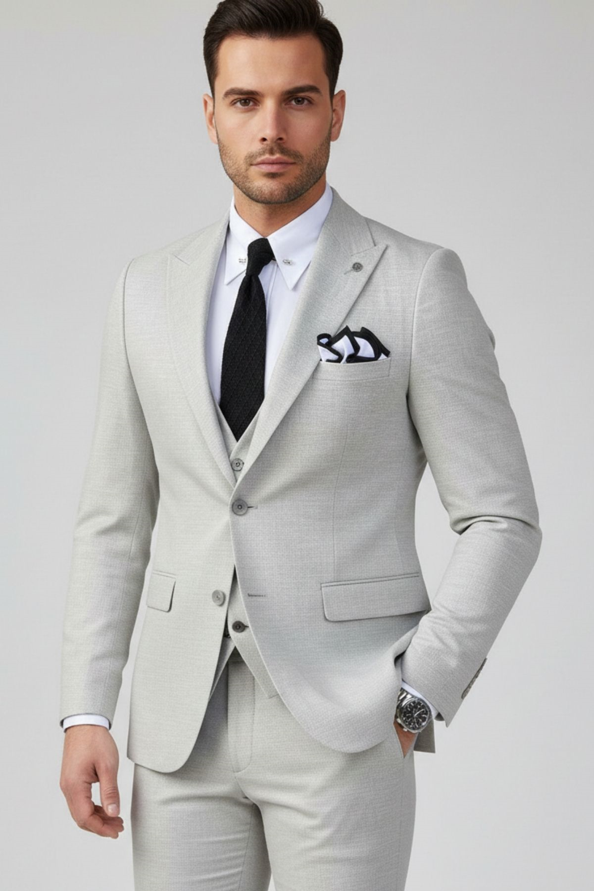Açık Gri Slim Fit Pantolon Yelek Ceket Takım Elbise HT1017