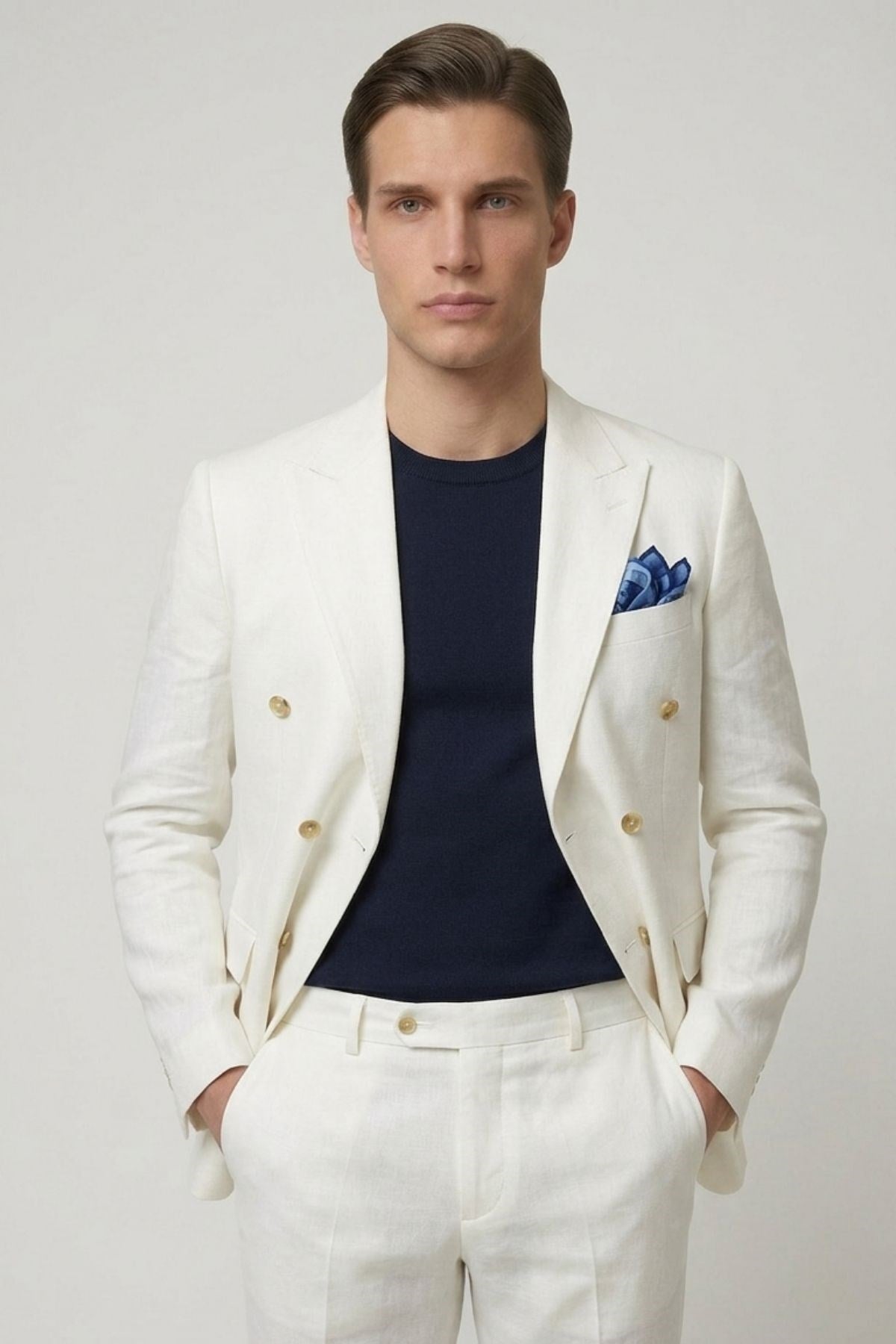 Beyaz Slim Fit Geniş Yaka Kruvaze Keten Erkek Ceket