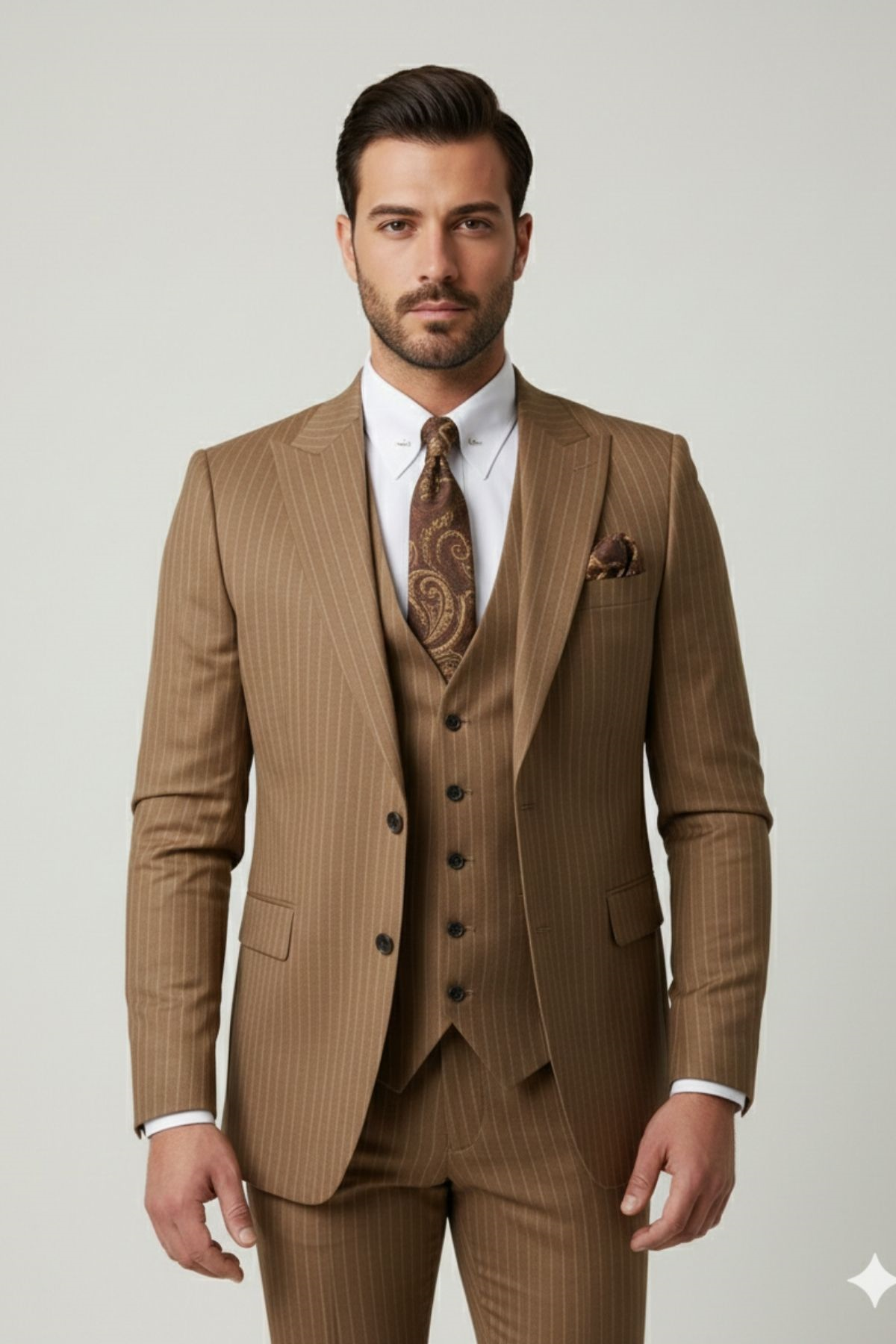 Camel Çizgili Slim Fit Pantolon Yelek Ceket Takım Elbise HT1026