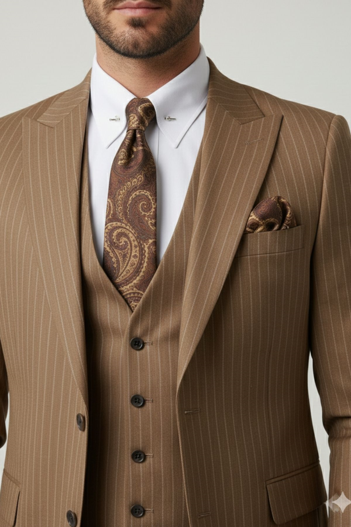 Camel Çizgili Slim Fit Pantolon Yelek Ceket Takım Elbise HT1026