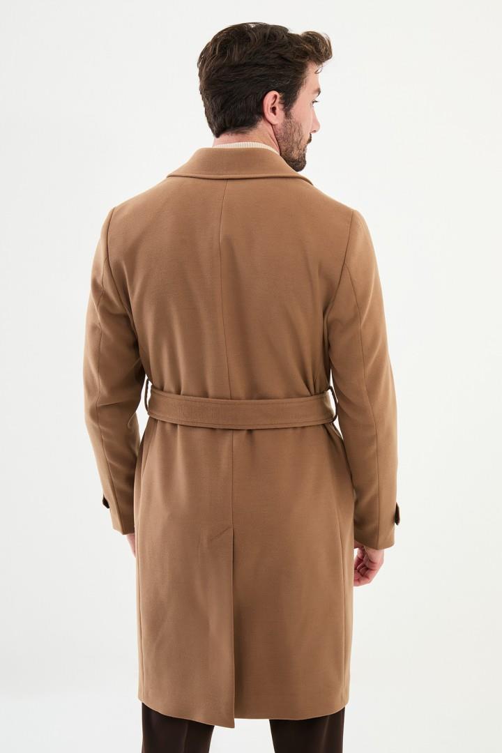 Kamel Slim Fit Kruvaze Geniş Yaka Kuşaklı Kaşe Erkek Kaban HT21303