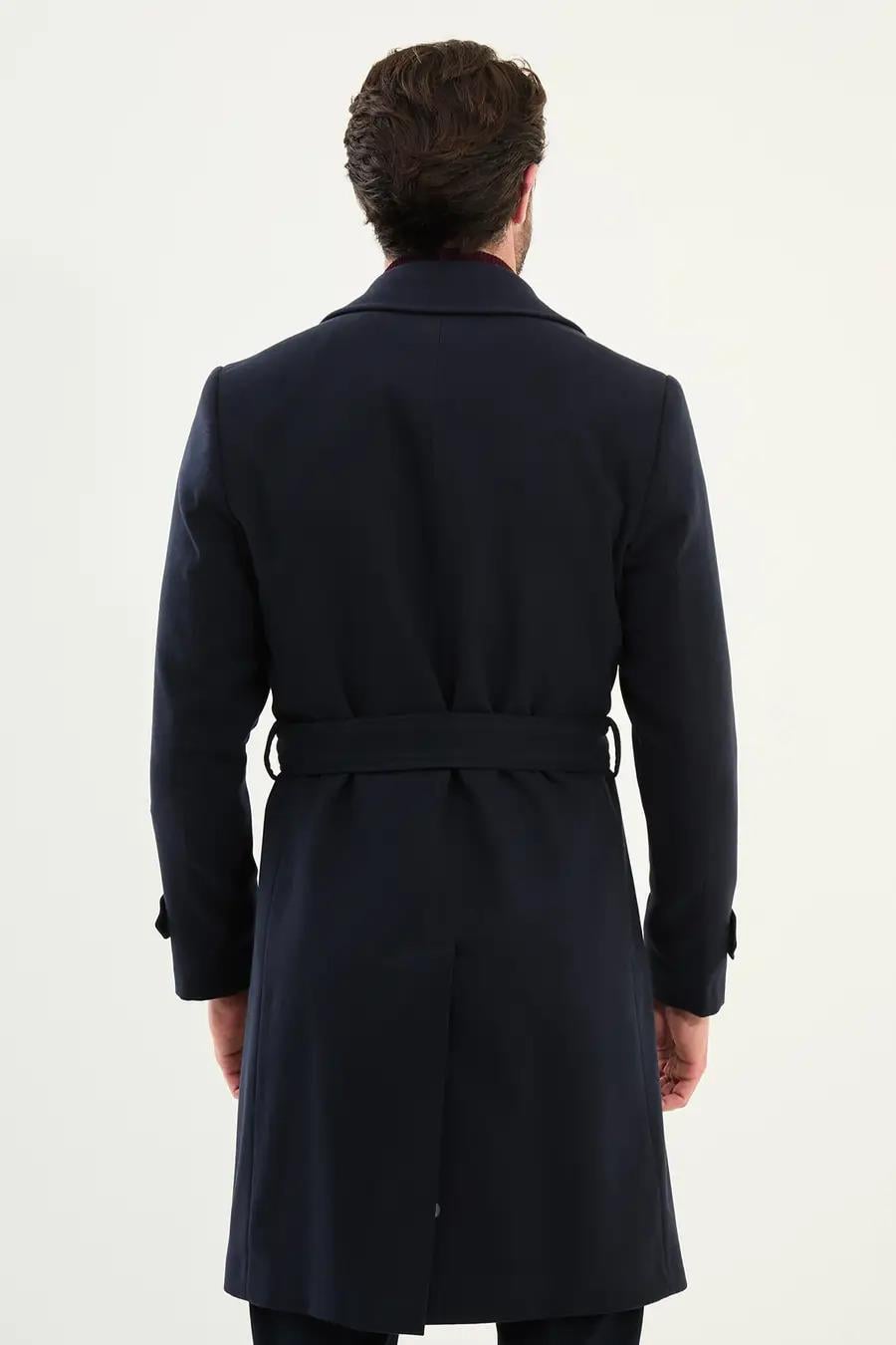 Lacivert Slim Fit Kruvaze Geniş Yaka Kuşaklı Kaşe Erkek Kaban HT21303