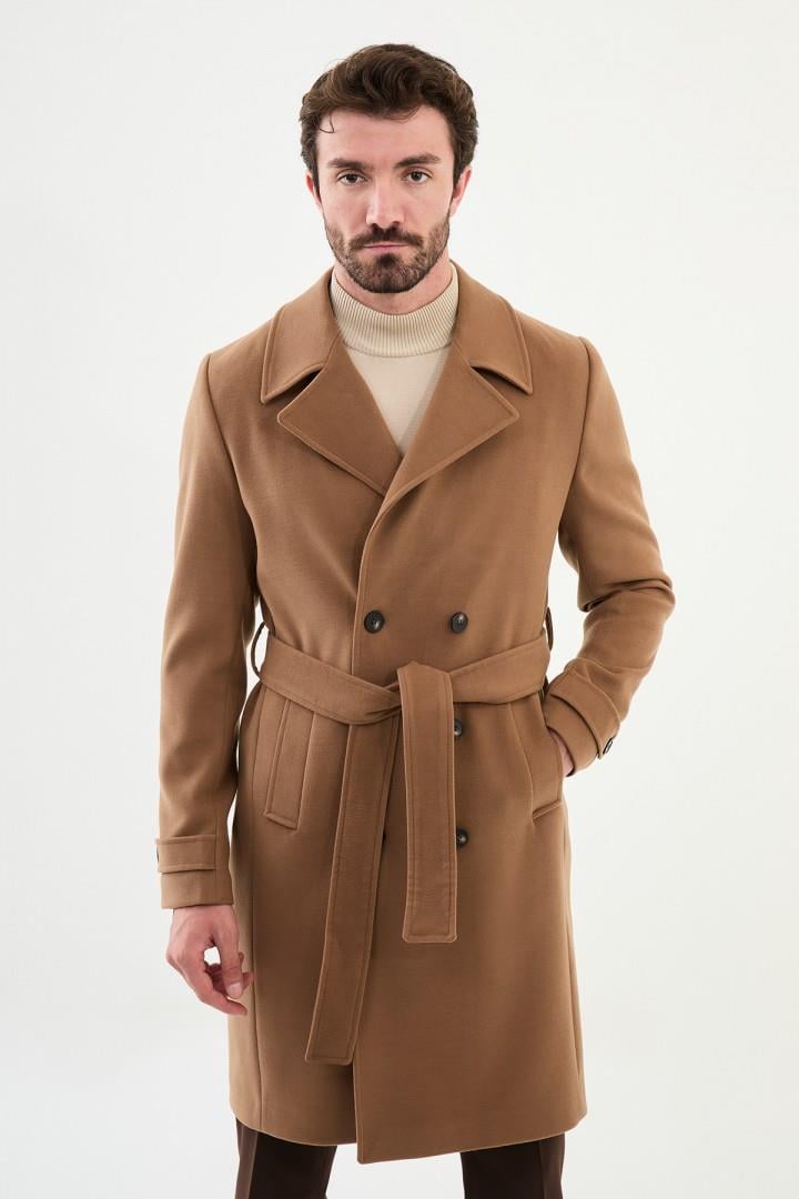 Kamel Slim Fit Kruvaze Geniş Yaka Kuşaklı Kaşe Erkek Kaban HT21303